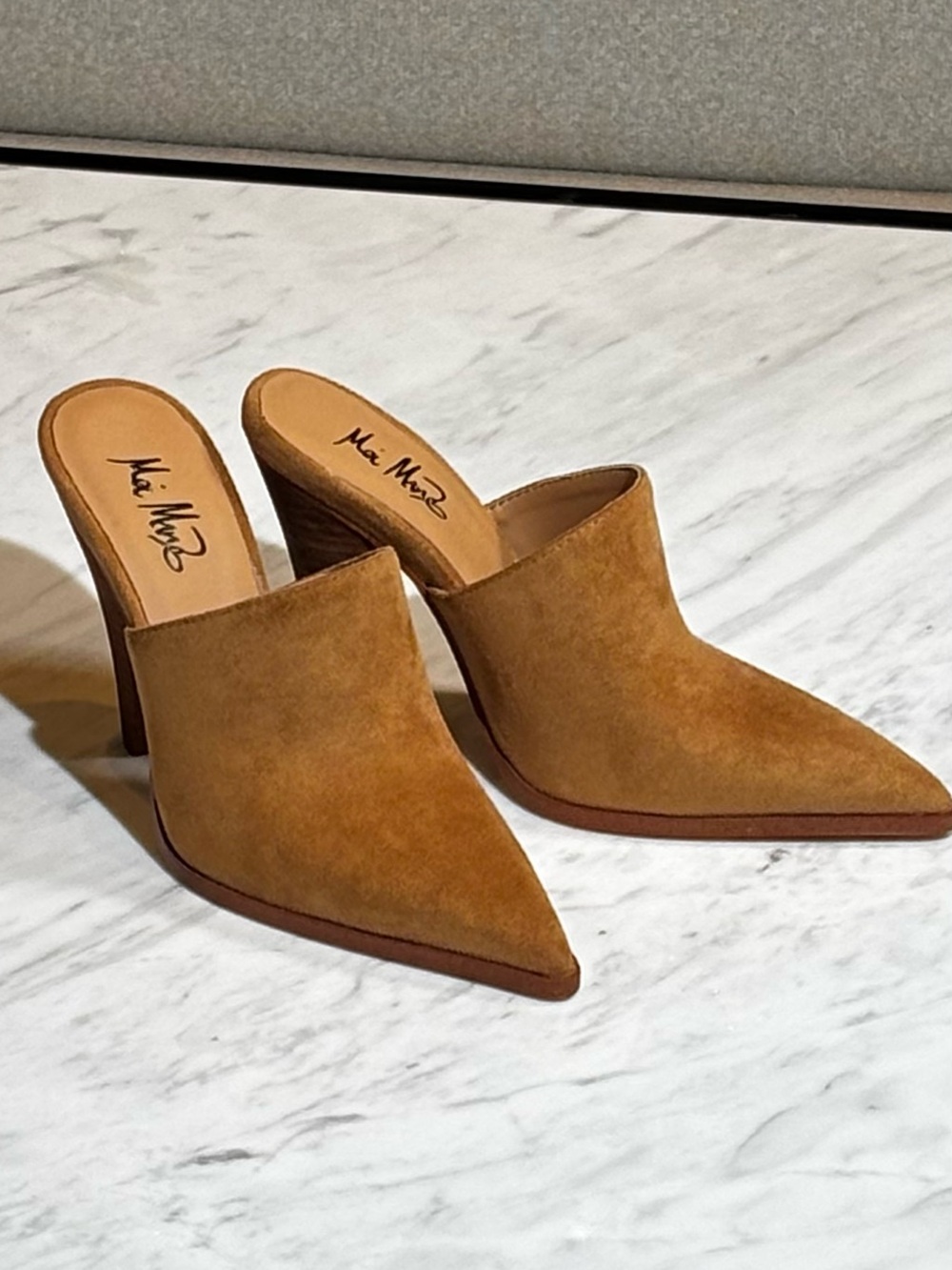Vegan Handmade Tan Suede Pointed-Toe Mule Heels